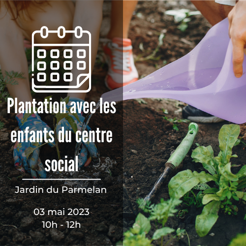 Photo d'un arrosoir, de plantes et d'une enfant pour l'activité plantation avec les enfants du centre social de l'Accorderie 