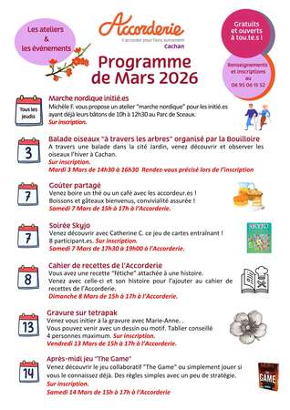 Programme des ateliers et évènements de Mars